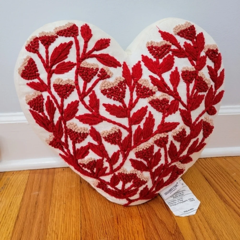 Shabby‎ Chic Heart Shaped Embroidered Throw Pillow Floral Embellished *read*